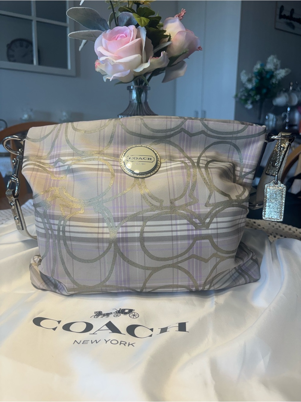 One Day Sale 💜Coach Lavender Plaid Shoulder Bag with Metallic Logo